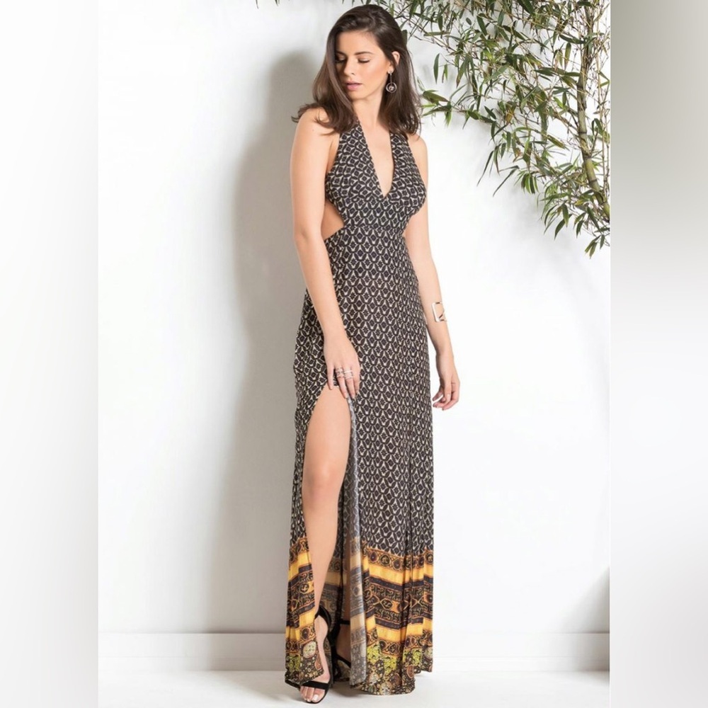 Farm Rio Paradise Crossed Back Bohemian Maxi Dress in Green and Yellow Size M